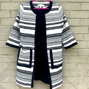 EUC Emerson Rose Size S Black/White Woven Cotton Blend Open Front Duster Jacket